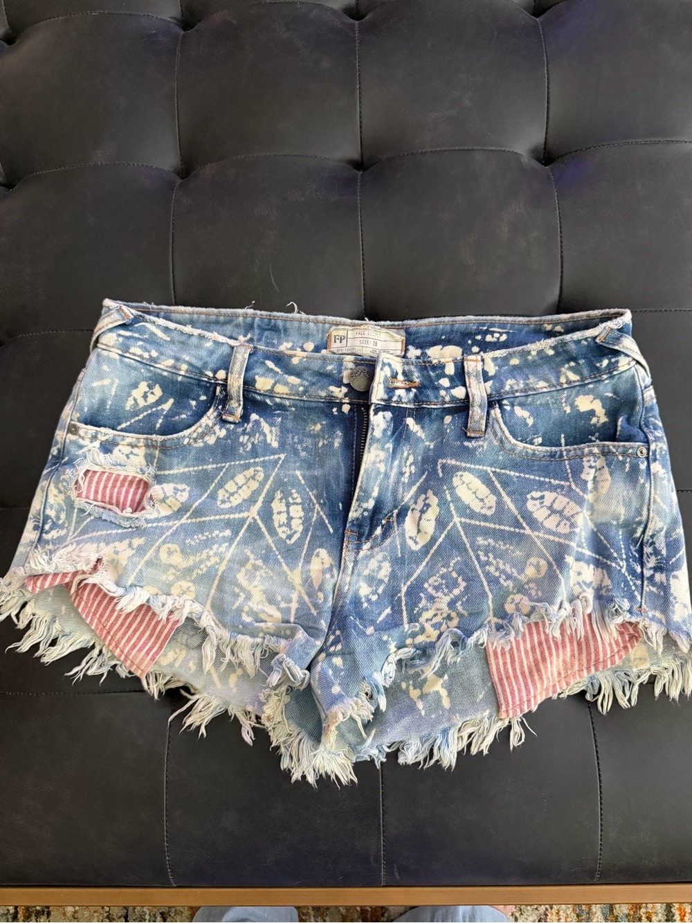 Free People Blue Patterned Boho Festival Denim Shorts with Red Patch